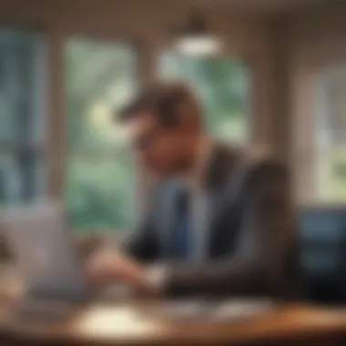 A thoughtful individual contemplating estate planning with a laptop